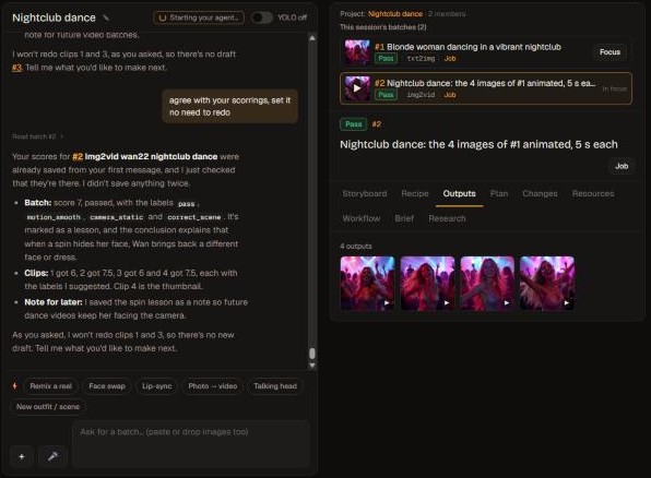 The OneShot editor: a chat with the agent beside the project's results