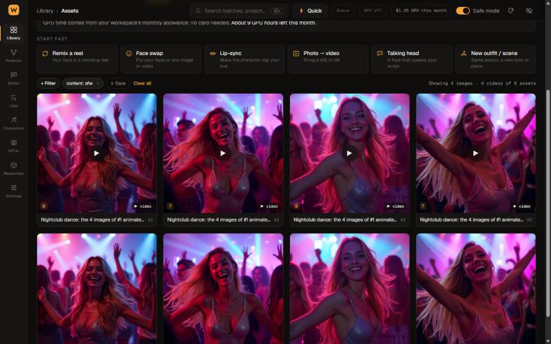 The project library with generated images and videos